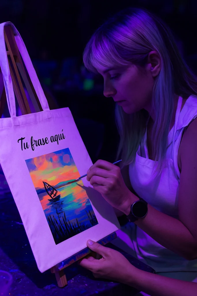 pintar una totebag bolsa neon mientras bebes vino en Valencia